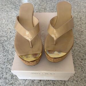 Jimmy Choo Platform Wedge Cork Thong Sandal Nude Poudre size 37